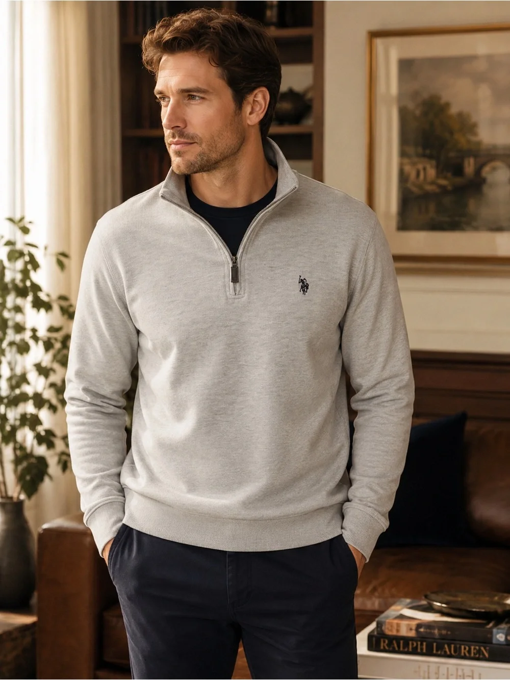 S. Polo Assn. Men’s XL Quarter Zip Pullover Sweatshirt Beige Cotton Blend Logo